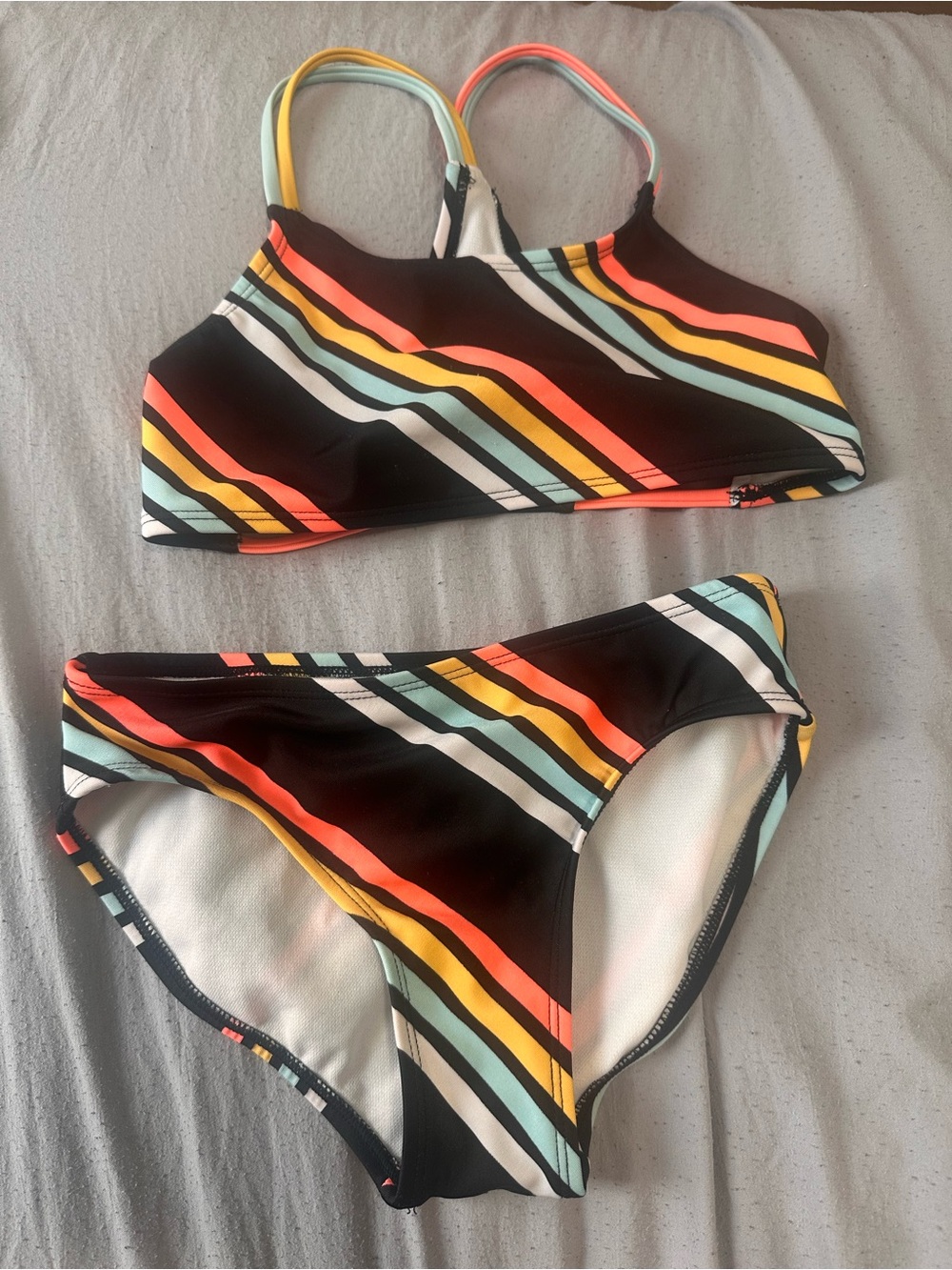 art class Black Swim Top with Coral, Yellow, Aqua & White Accent Stripes